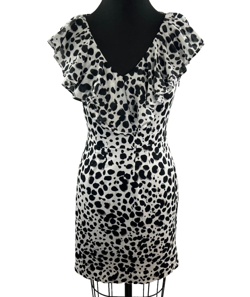 CYNTHIA STEFFE Black White Leopard Animal Print Ruffle V-Neck Dress Size 4